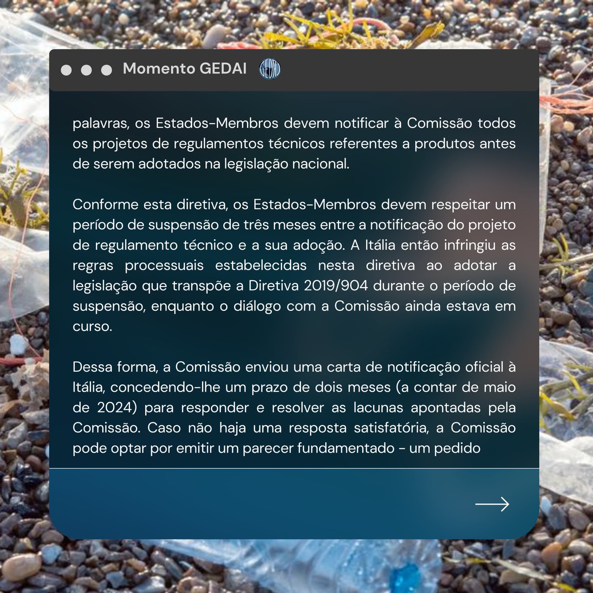 gedaiufc's tweet photo. MOMENTO GEDAI | Confira o texto sobre a notificação formal feita pela Comissão Europeia para a Itália acerca da Diretiva sobre Plásticos de Uso Único, escrito pela Adriana Sá Leitão, mestra em Direito pela UFC, doutoranda pela Universidade de Pisa e mentora do GEDAI. https://t.co/yHP1t0H2T1