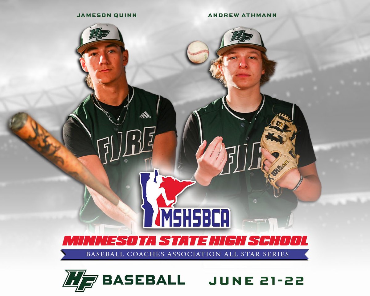 HF Baseball (@hfbaseball) on Twitter photo Congrats to <a href="/JamoQuinn/">Jamo Quinn</a> and <a href="/AndrewAthmann/">Andrew Athmann</a> on being selected to the 2024 Play Ball MN Baseball Metro West All-Star Team! They are the 10th and 11th players in HF history to be selected to this All-Star Game. See them play at Chaska Athletic Park on 6/21 2:45 and 6/22 11:15. Congrats to <a href="/JamoQuinn/">Jamo Quinn</a> and <a href="/AndrewAthmann/">Andrew Athmann</a> on being selected to the 2024 Play Ball MN Baseball Metro West All-Star Team! They are the 10th and 11th players in HF history to be selected to this All-Star Game. See them play at Chaska Athletic Park on 6/21 2:45 and 6/22 11:15.