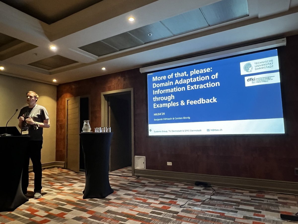 hildaworkshop's tweet image. We have the presentation in #HILDA2024 by Benjamin Hättasch and Carsten Binnig, titled “More of that, please: Domain Adaptation of Information Extraction through Examples & Feedback”