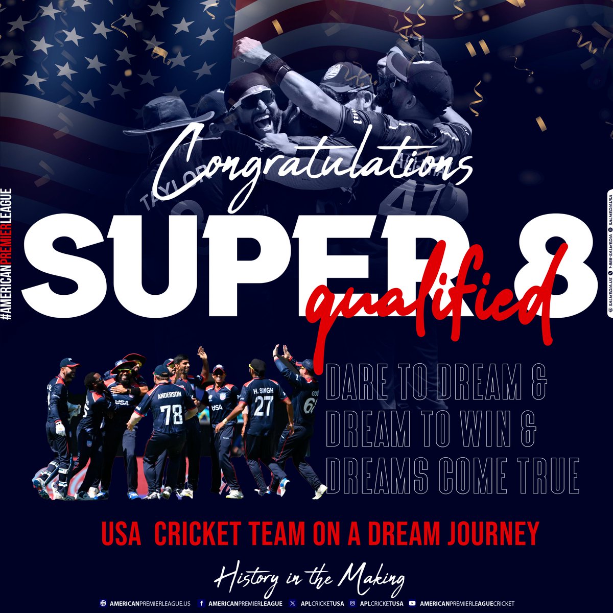 The APL proudly congratulates our USA Cricket Team on their incredible achievement of qualifying for the Super 8 in the T20 Cricket World Cup!

#APL #USACricket #T20WorldCup #Super8 #APLCongratulations #CricketUSA #ChasingDreams #HistoryInTheMaking #ICC
