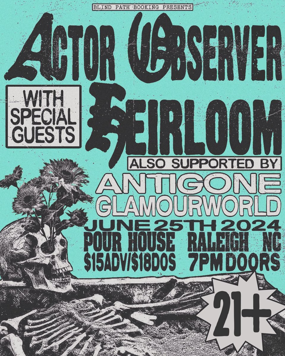 📆 TONIGHT (6.25)
🎵 <a href="/actorobserver/">ACTOR OBSERVER</a>  with <a href="/whoisheirloom/">𝙃𝙀𝙄𝙍𝙇𝙊𝙊𝙈</a>, Antigone, GlamourWorld
🕐 Doors 7pm Show 8pm
🎫 $18 @ the door
FFO: Counterparts, Boundaries, Godseyes
Presented by Blind Path Booking