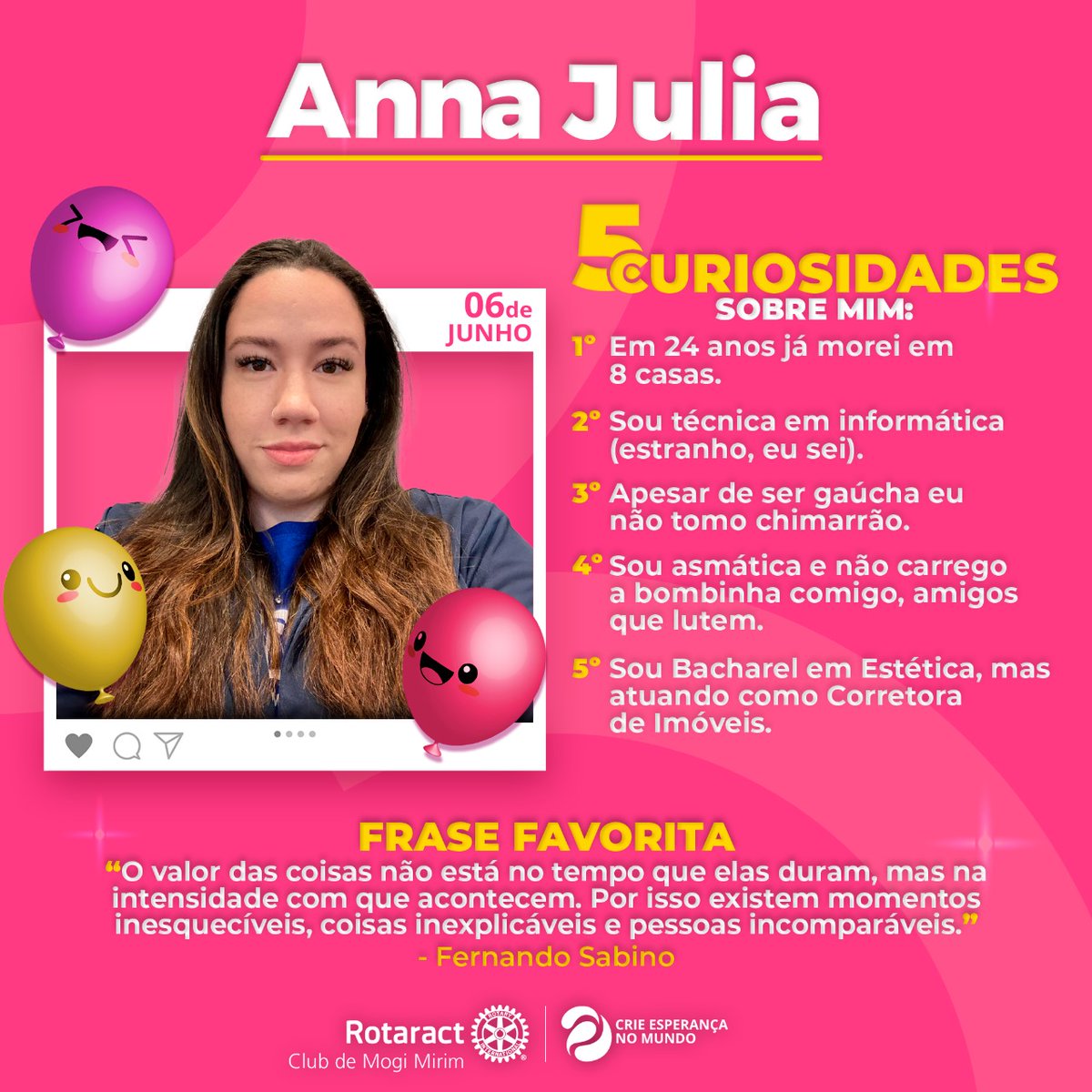 eteractmm's tweet image. Venha conferir os Aniversariantes do mês de Junho do nosso clube e comemore junto conosco!

Desejamos tudo de mais lindo e belo do mundo à vocês. Agradecemos por todos os momentos e que vocês continuem sendo uma inspiração para todos nós! 🩷🥳👽

#aniversario #rotaract