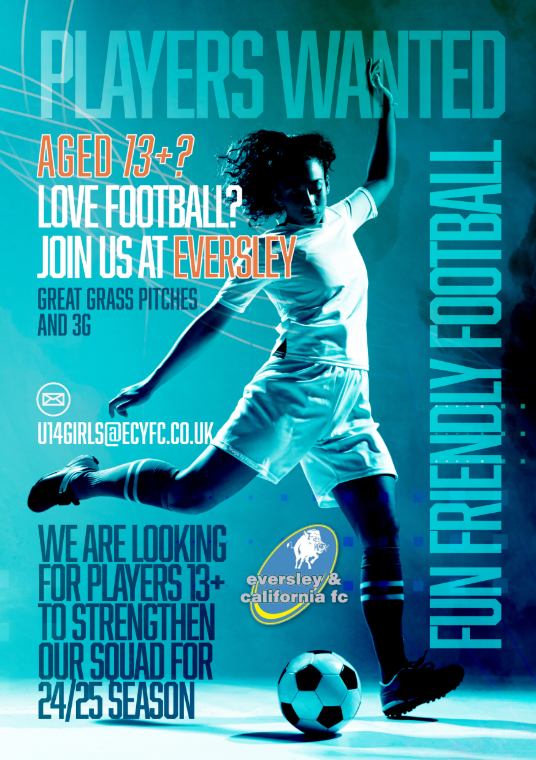 Eversley &amp; California FC U14 Girls (Yr 9) (2024/2025 Season) are looking for players.
We train for 90 minutes twice a week on Mondays and Thursdays.
Please get in touch with us if you are interested.
Please message u14girls@ecyfc.co.uk