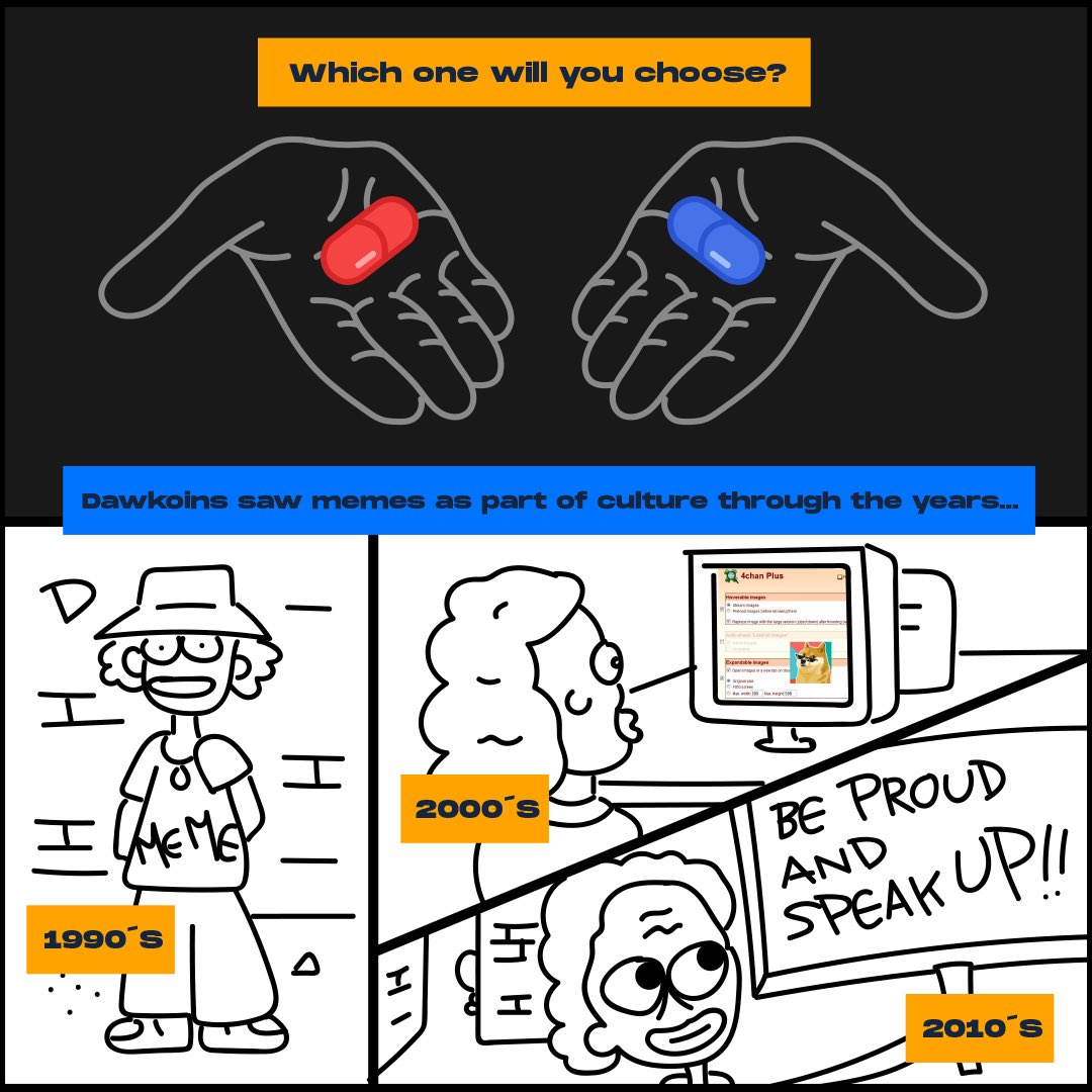 🚨 The Birth of The Meme Comic Strip 🚨 

Father of Meme $DAW has watched memes evolve over the years, which one did you take the blue or the red? 

<a href="/MTV/">MTV</a> and  the emergence of Grunge and Rap/HipHop in the 90s created lyrical memes that influenced how people dressed, behaved and