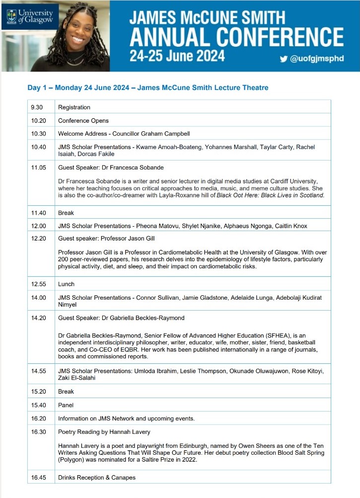 uofgjmsphd's tweet photo. 📢 Exciting news! The #JMSConference2024 schedule is now live! 🎉 Join us for insightful sessions, networking, and thought-provoking research presentations. Hurry and book your ticket now, an online option is also available! 🌟 #JMS2024 #CuratingCircles #WorldChangers https://t.co/oLp6b16641