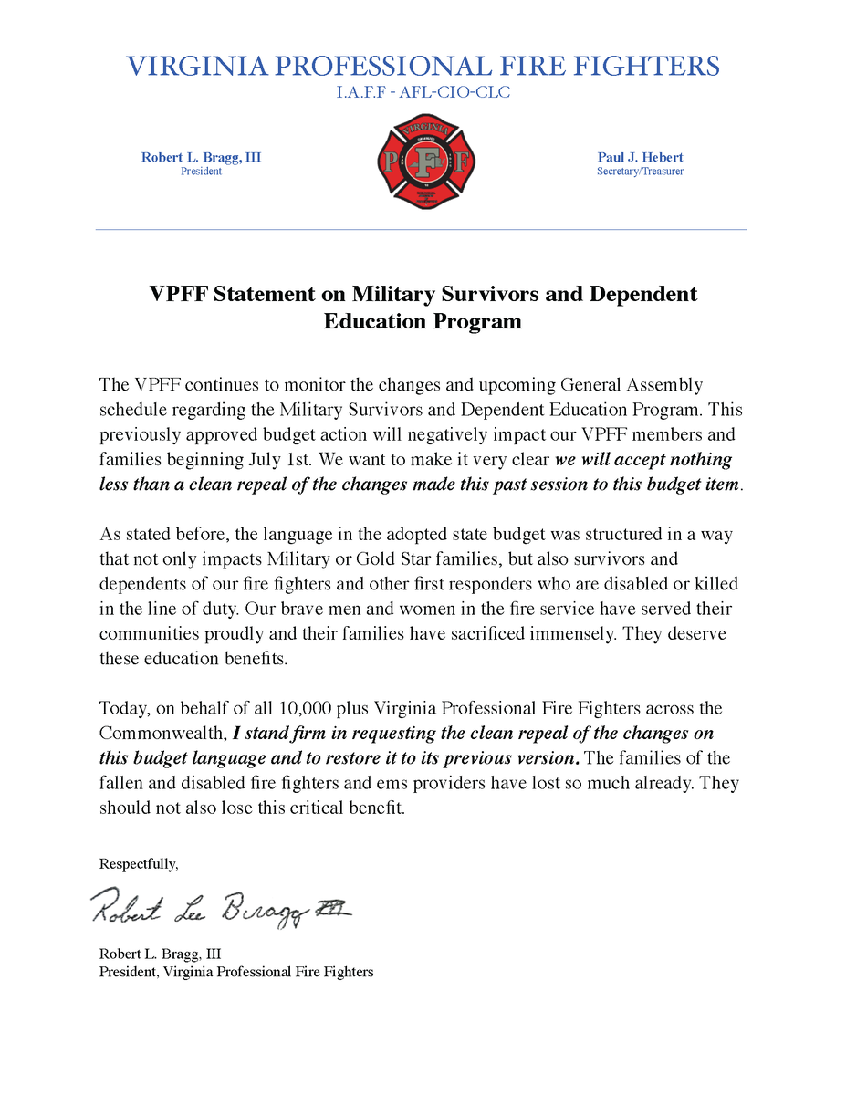 VPFF Statement on Military Survivors and Dependent Education Program: "Our brave men and women in the fire service have served their communities proudly and their families have sacrificed immensely. They deserve these education benefits."