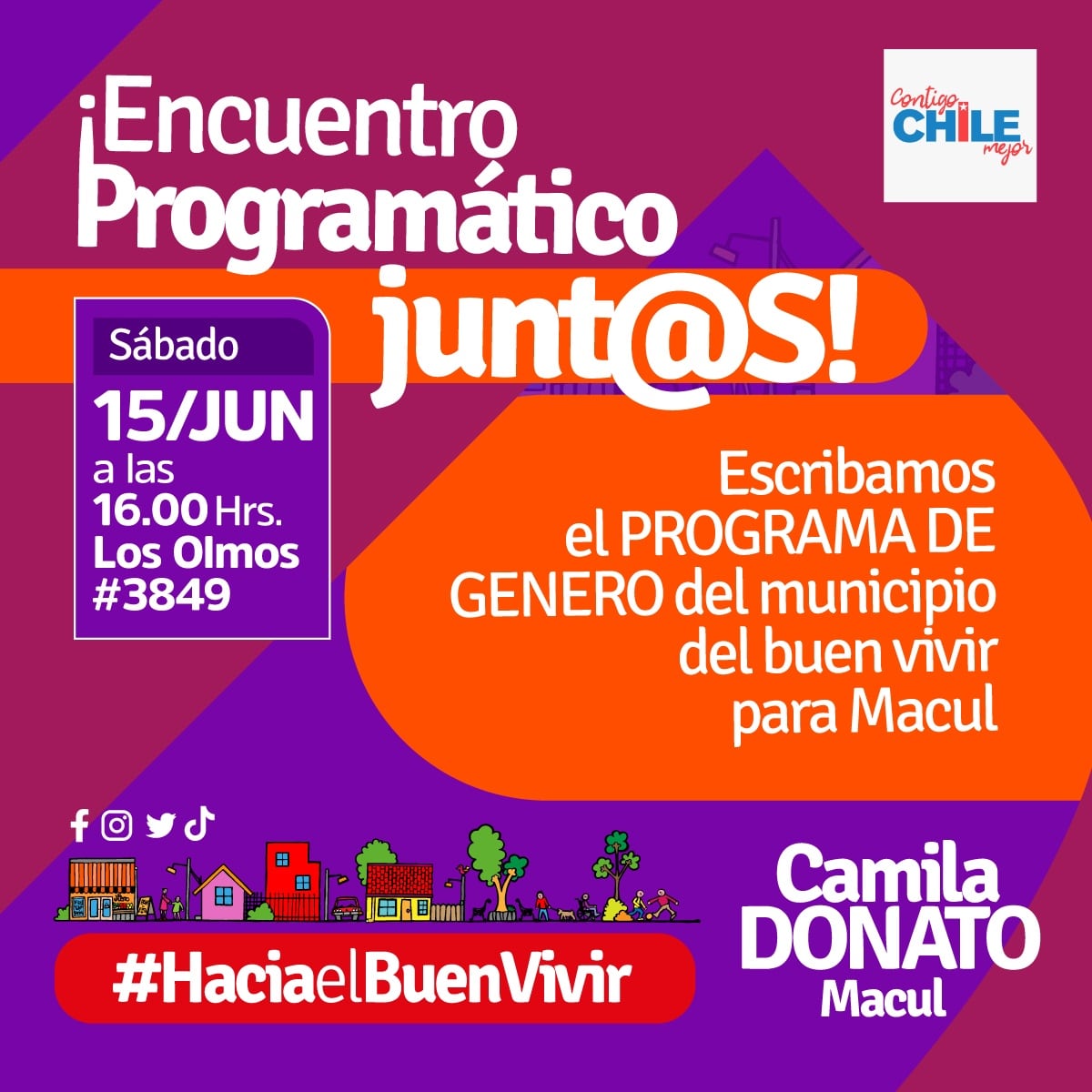 CS_Macul's tweet photo. Recuerda! Nos vemos mañana sabado a las 16:00 hrs, para que just@s construyamos el programa de género, donde todas nuestras voces sean escuchadas, vamos juntos con @DonatoCamila #HaciaelBuenVivir para #Macul #ContigoChileMejor https://t.co/l4oBObtQa3