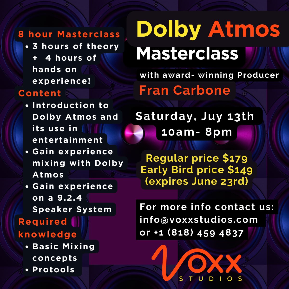 VOXX STUDIOS (@voxx_studios) on Twitter photo Our Dolby Atmos Masterclass is back!
If you couldn’t join our previous one, don’t miss out this opportunity!
Early Bird discount 👀
Limited seats available.
Contact us at info@voxxstudios.com for more information.
#dolbyatmos #mixing #film #music #contentcreation #masterclass Our Dolby Atmos Masterclass is back!
If you couldn’t join our previous one, don’t miss out this opportunity!
Early Bird discount 👀
Limited seats available.
Contact us at info@voxxstudios.com for more information.
#dolbyatmos #mixing #film #music #contentcreation #masterclass