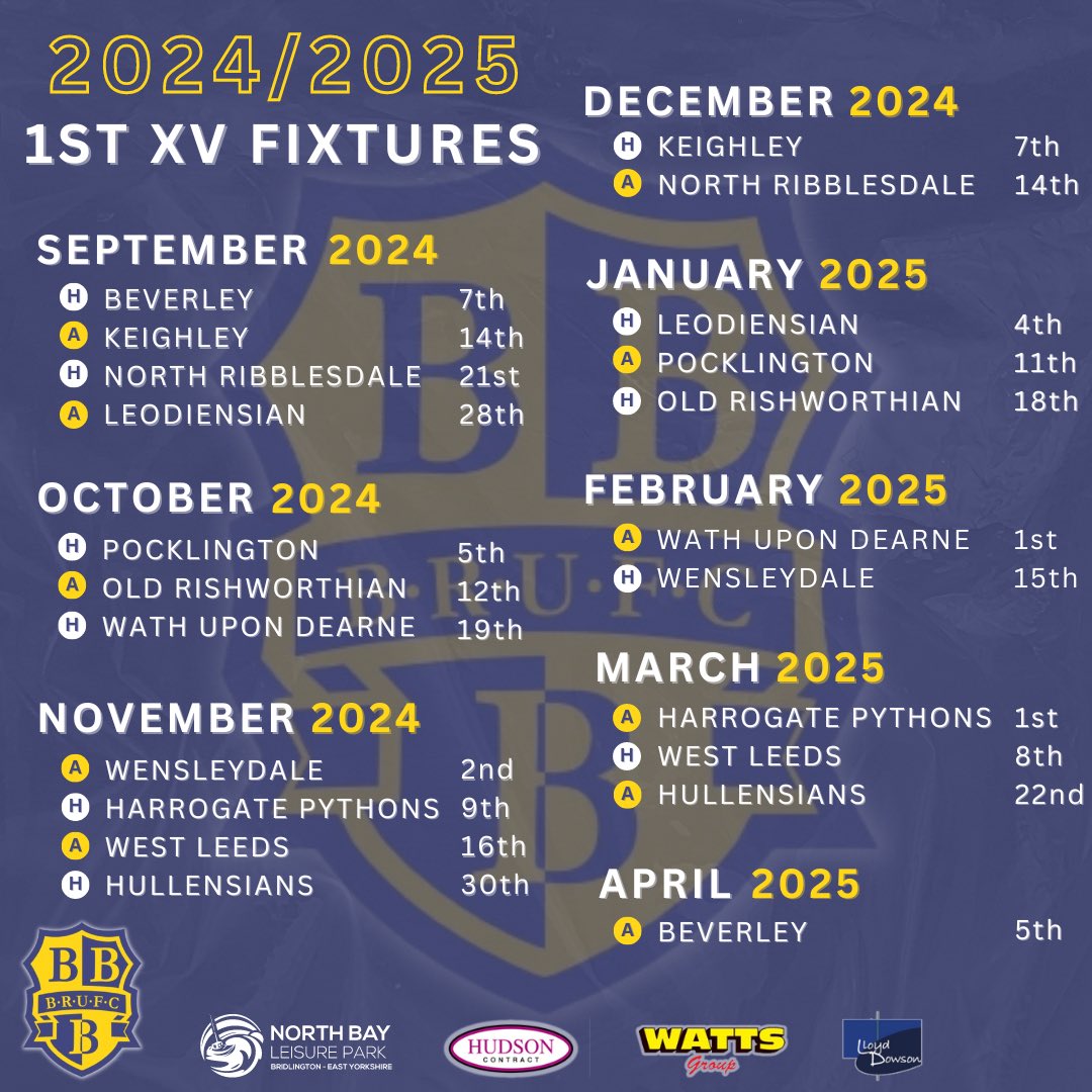 Bridlington RUFC (@bridrufc) on Twitter photo ๐ 2024/2025 FIXTURES ๐
Hereโs some dates for your diaries! ๐๏ธ
Our 1st XV kick off the season on Saturday 7th September at home against <a href="/BeverleyRUFC/">Beverley RUFC</a> ๐ช๐ผ
#BRUFC #UTB ๐ 2024/2025 FIXTURES ๐
Hereโs some dates for your diaries! ๐๏ธ
Our 1st XV kick off the season on Saturday 7th September at home against <a href="/BeverleyRUFC/">Beverley RUFC</a> ๐ช๐ผ
#BRUFC #UTB