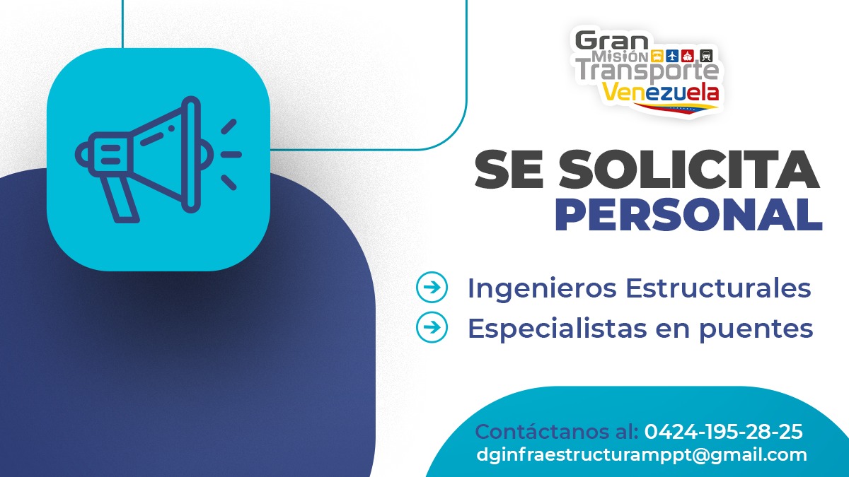 #TomaDato | ¡La #GMTVzla está buscando a profesionales como tú! Si eres Ingeniero Estructural y quieres contribuir con el desarrollo del país, esta es tu oportunidad ¡Contáctanos!
📱 04241952825

dginfraestructuramppt@gmail.com 👇
