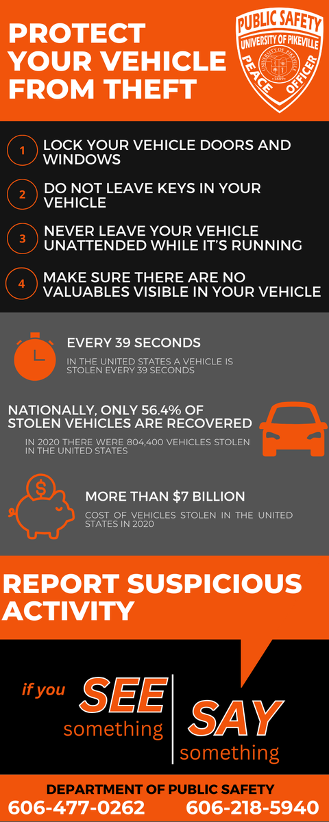 The University of Pikeville is dedicated to providing a safe, protected, and organized environment for all students, faculty, staff, and visitors. 

 Please see the attached Vehicle Theft Safety Tips. 

If You See Something, Say Something!