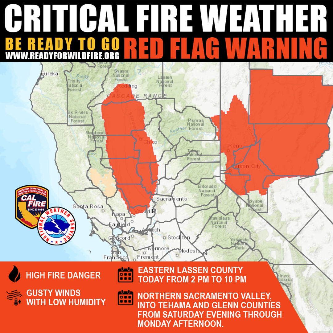 CAL_FIRE's tweet image. 🔥 #RedFlagWarning is in effect for Eastern Lassen County today from 2 PM to 10 PM. #RedFlagWarning is in effect for Northern Sacramento Valley, into Tehama and Glenn counties from Saturday evening through Monday afternoon.
Low daytime relative humidities and gusty winds this…