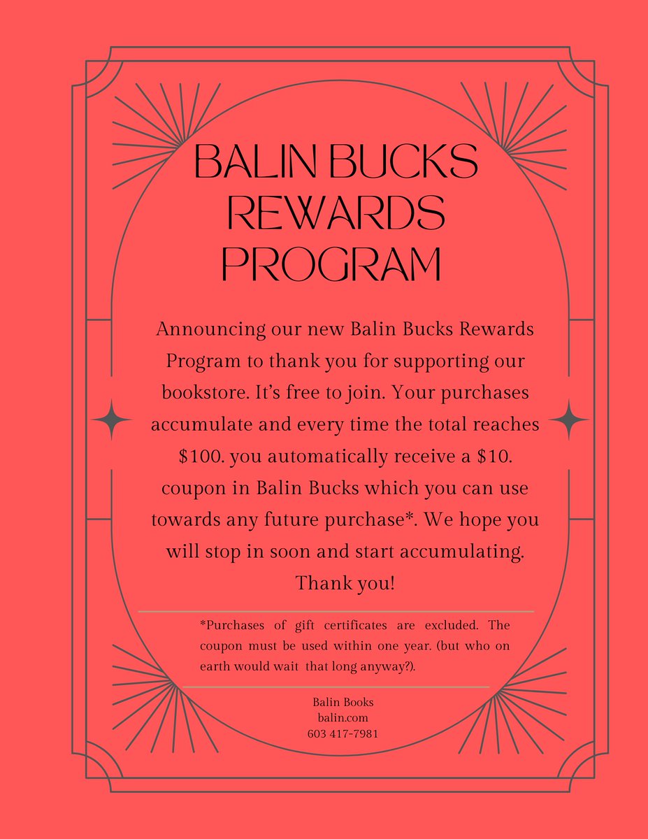 Have you joined our Balin Bucks Rewards Program?  Stop in and and sign up!  For every $100 you spend you receive a $10 coupon.