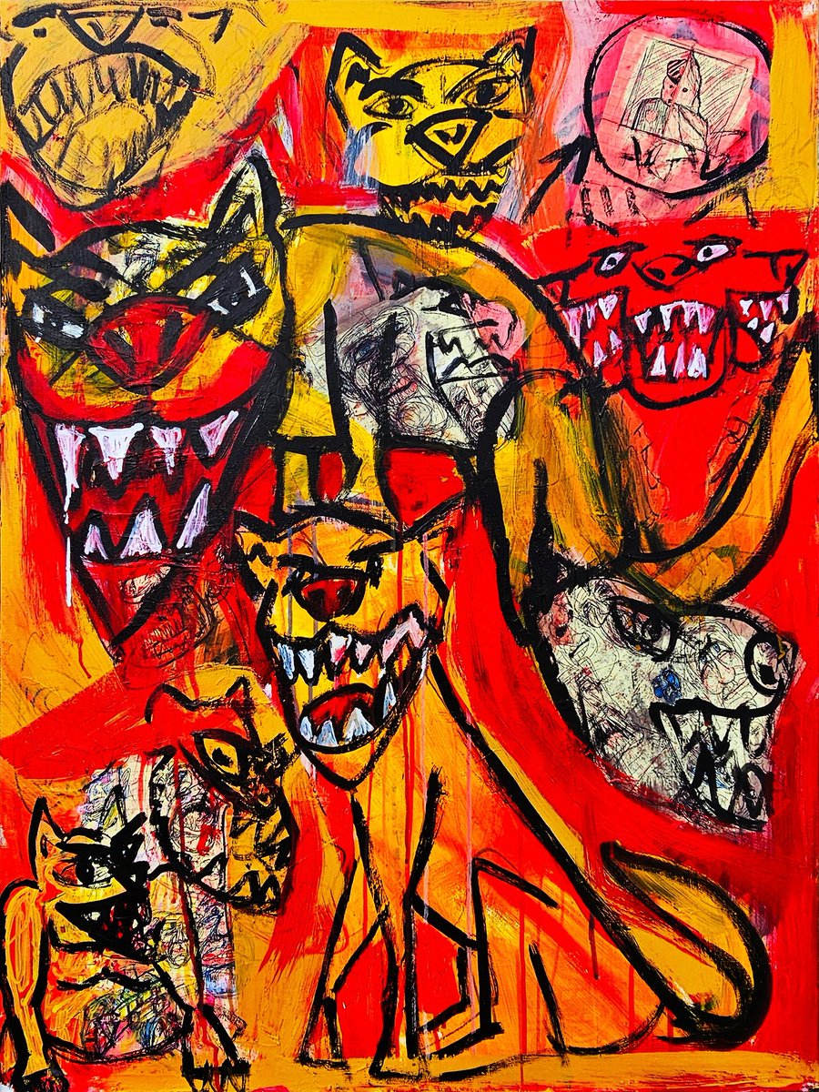 Got that dog in em

Acrylic paint, markers, and notebook paper w/ gel pen collaged on a 30"x40" canvas June 2024