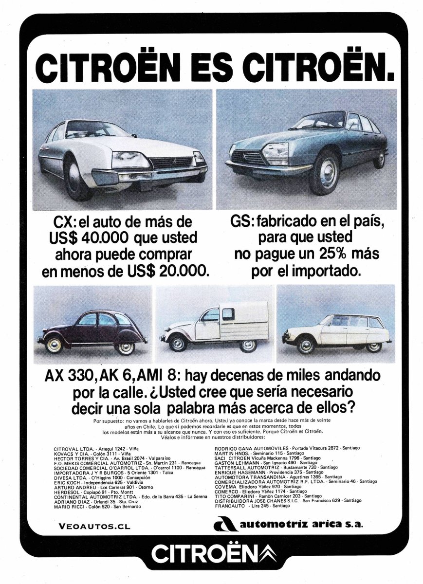VeoAutos's tweet photo. Citroën Chile 1979. Modelos CX GS AX330 AMI8 y AK6.
Unidades ensambladas Planta Arica Año 1979: 1.695
+ Info https://t.co/iUFhv9FCRy
#citroengs #citroencx #citronetaax330 #ami8 #citroenak6 @Citroen @addict_car @thecarfactoids @RiveraNotario @CitroenChile https://t.co/EOYPdBZDyA
