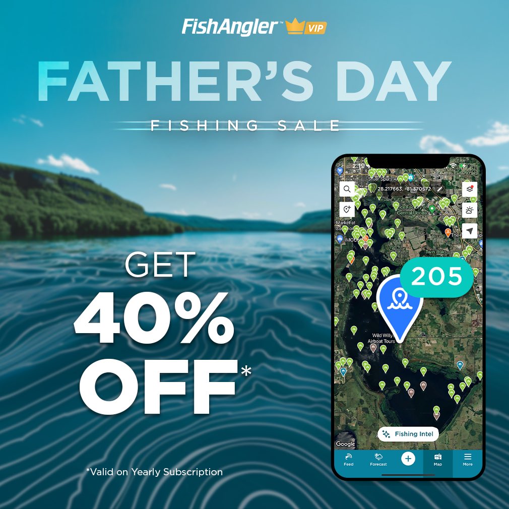 🎣 Celebrate Father's Day with FishAngler! 🎣
Get 40% off our VIP Yearly Subscription. Unlock exact catch locations, premium map layers, private waypoints and more! Perfect for making the most of your fishing adventures. 🌟
Valid through Father's day – don’t miss out!
🔗 in BIO