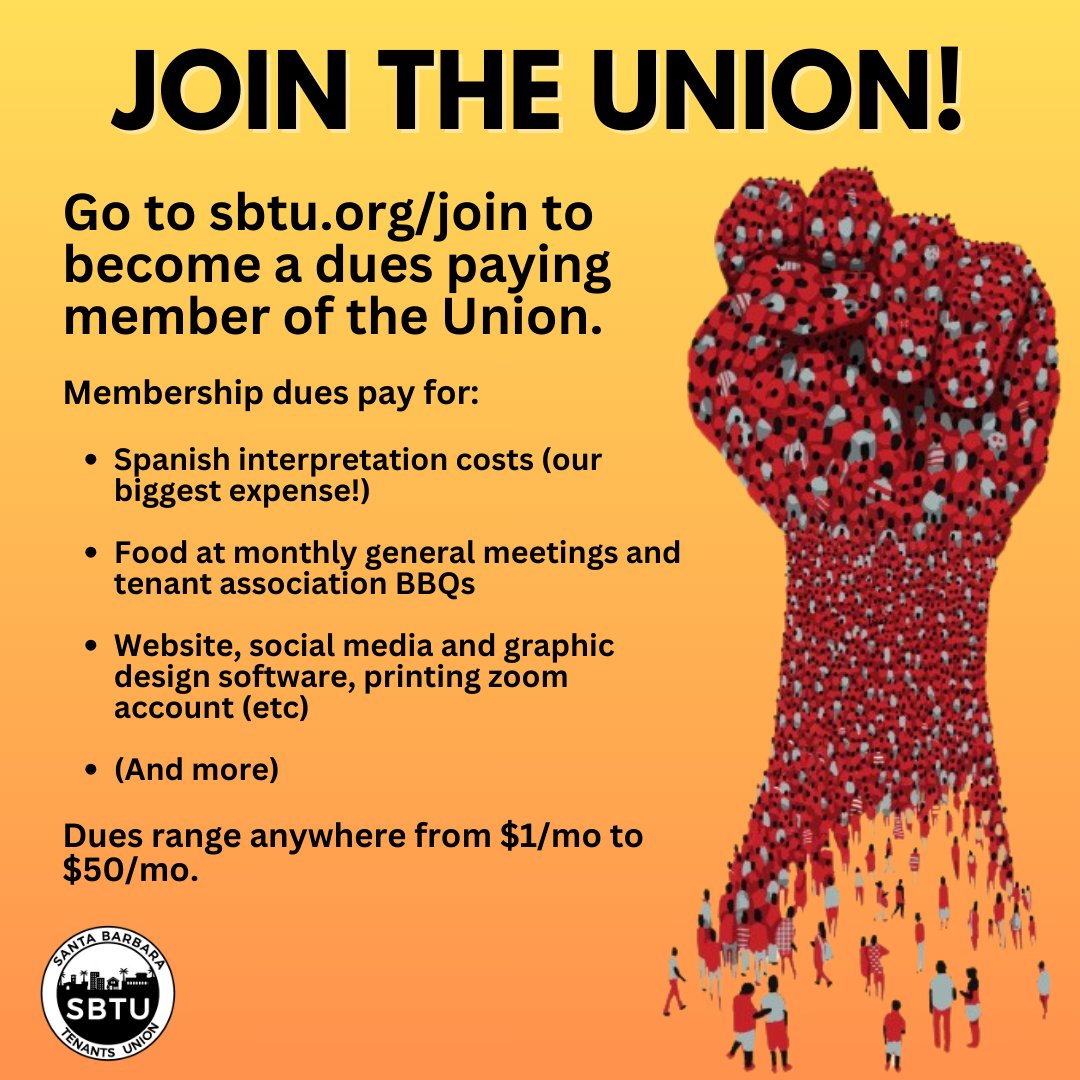 Did you know SBTU is fully member supported? Your dues help us pay for things like Spanish interpretation, food &amp; drink, events, administrative costs and more! Become a dues paying member today and help us do cool stuff to help tenants like you!

sbtu.org/join