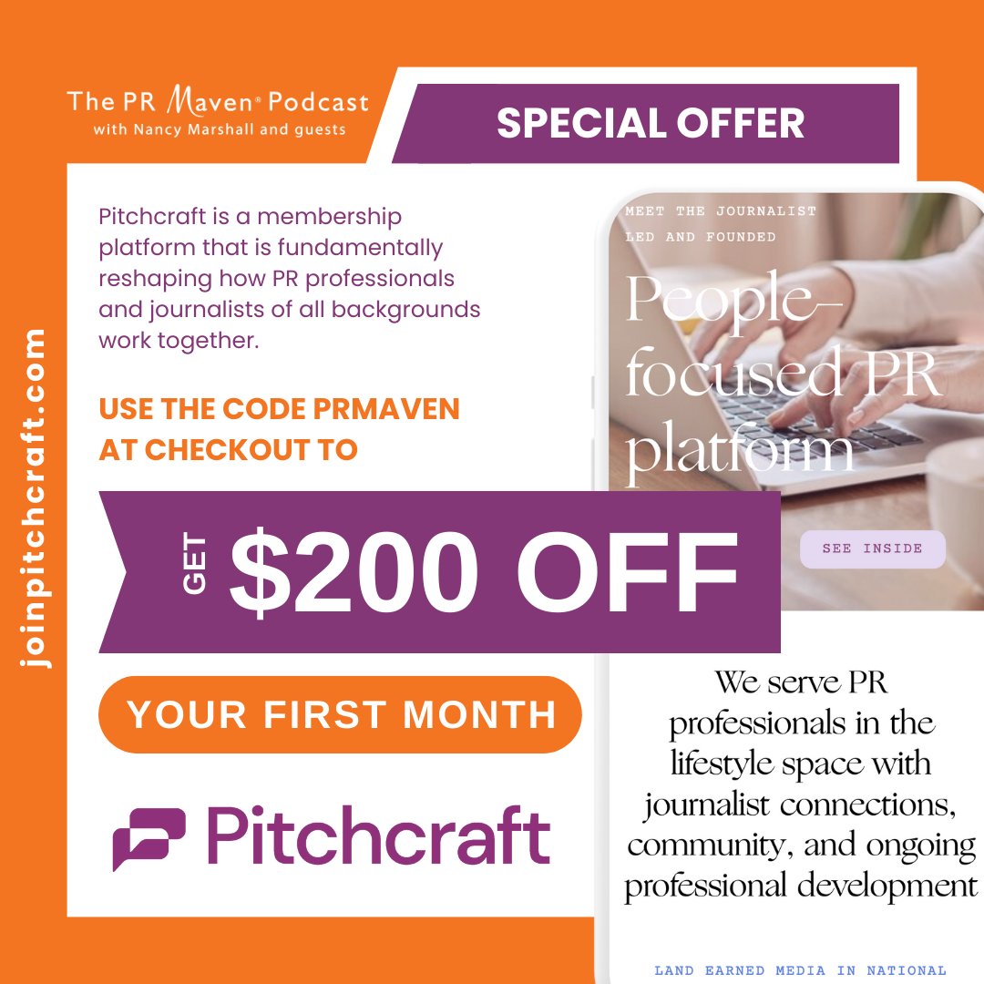We are delighted to have Pitchcraft as our sponsor on The PR Maven® Podcast and we are excited to share this discount code! Use the code PRMAVEN at checkout to get $200 off your first month’s membership with Pitchcraft.

joinpitchcraft.com

#JoinPitchcraft #PRMavenNation