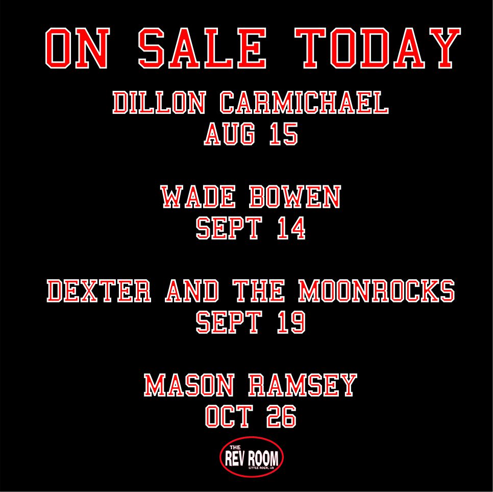 Revolution Room LR (@revroomlr) on Twitter photo Several awesome shows just went onsale at Rev Room. Tickets for all events are at revroom.com See ya at the shows
--
@dilloncarmichael @wadebowen @dexterandthemoonrocks <a href="/masonramsey/">Mason Ramsey</a> Several awesome shows just went onsale at Rev Room. Tickets for all events are at revroom.com See ya at the shows
--
@dilloncarmichael @wadebowen @dexterandthemoonrocks <a href="/masonramsey/">Mason Ramsey</a>