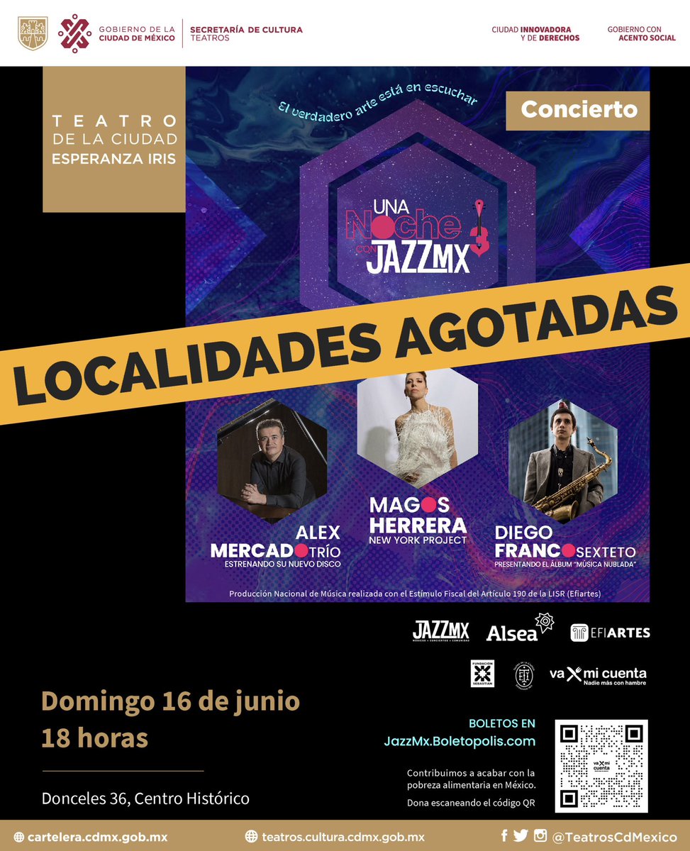 ¡Que emoción anunciar que tenemos LOCALIDADES AGOTADAS de ‘Una noche con <a href="/jazz_mx/">JazzMx</a>! 🎷🎶

Nos vemos este domingo en el #TeatroDeLaCiudad para disfrutar del talento de <a href="/alexmercadojazz/">Alex Mercado</a>, <a href="/magosherrera/">magos herrera</a> y Diego Franco.