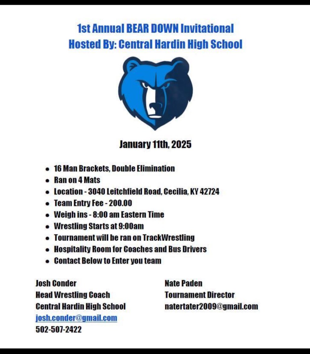 Josh Conder (@joshconder) on Twitter photo 1st Annual Bear Down Invitational coming to Central Hardin High School on 1/11/25!
<a href="/chhsbruinathl/">CHHS Athletics</a> <a href="/NateInSports/">Nate Bryan</a> 1st Annual Bear Down Invitational coming to Central Hardin High School on 1/11/25!
<a href="/chhsbruinathl/">CHHS Athletics</a> <a href="/NateInSports/">Nate Bryan</a>
