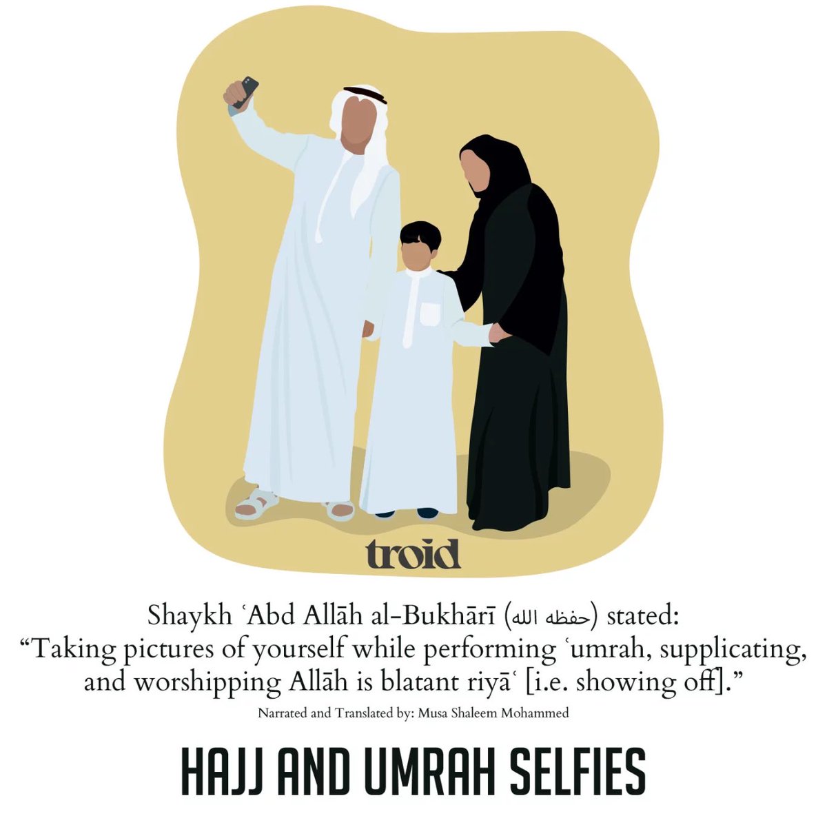 Ḥajj and ʿUmrah Selfies 
Al-ʿAllāmah ʿAbdullāh al-Bukhārī

Should Muslims adopt the vain fad of taking selfies when making Ḥajj, ʿUmrah or doing other acts of worship? Is this showing off?

troid.org/hajj-and-umrah…