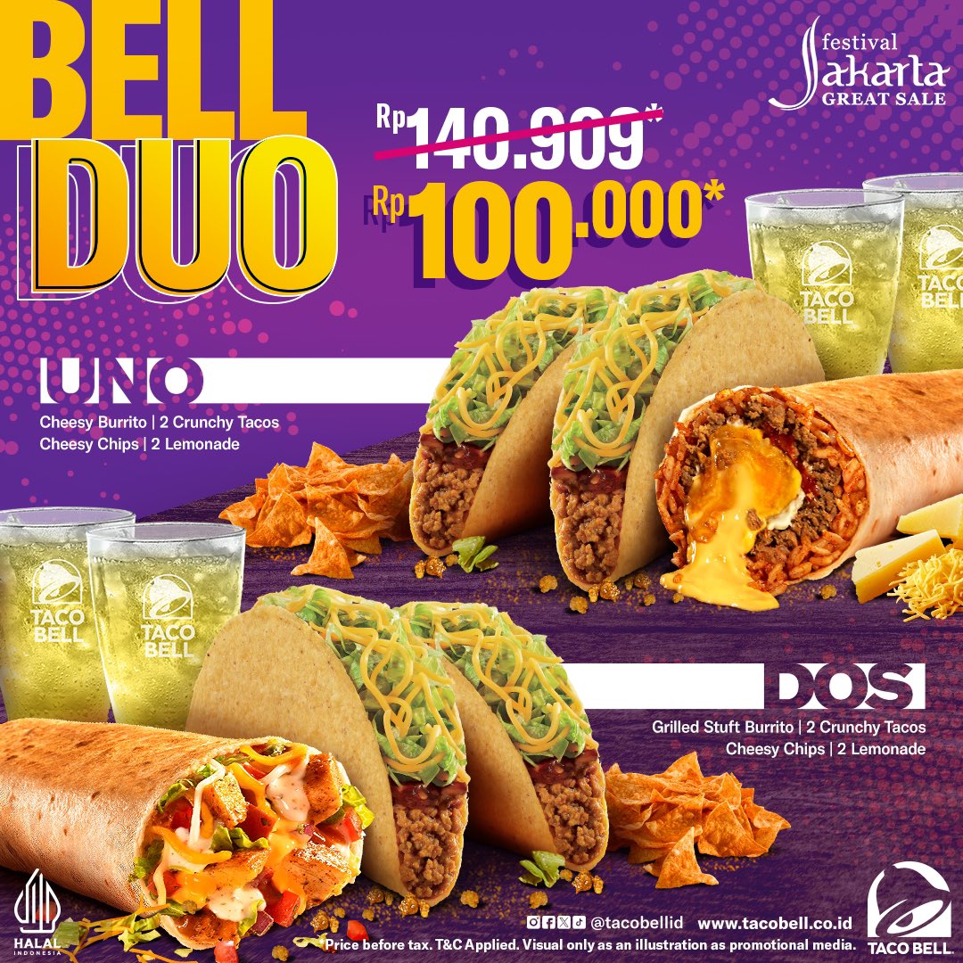 PlazaSenayan's tweet photo. Makan BerDuo No Problemo karena ada Bell Duo dari Taco Bell !
Taco Bell Foodcourt Plaza Senayan, Level 3
#WaktunyaTacoBell #TacoBellIndonesia #PromoJakarta #WhatsOnPlazaSenayan #PlazaSenayan https://t.co/yNPra8J5AE