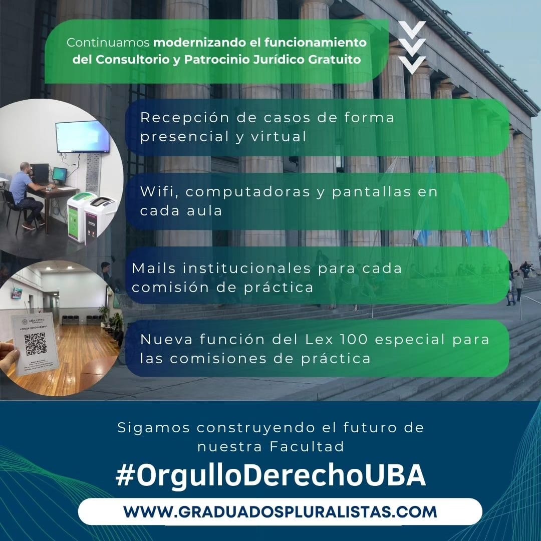 El 25, 26 y 27 de junio continuemos modernizando el funcionamiento del Consultorio y Patrocinio Gratuito.

🗳🗳

Sigamos construyendo el futuro de nuestra Facultad. 
#OrgulloDerechoUBA

.
.
.
.
#elecciones #Graduados #Pluralistas #DerechoUBA