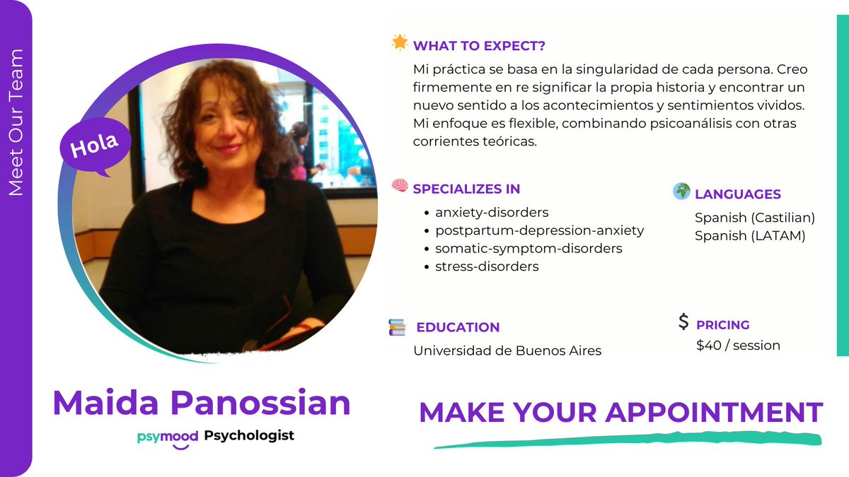 Meet our dedicated mental health team. This week’s spotlight: Maida Panossian, a compassionate and experienced Psychologist.

🔗 Book now!
app.psymood.com/specialists/ma…

#PsyMood #MeetOurTeam #MentalHealth #Therapy #Wellbeing #Psychology #Anxiety #BookNow #WellBeing #MentalWellness