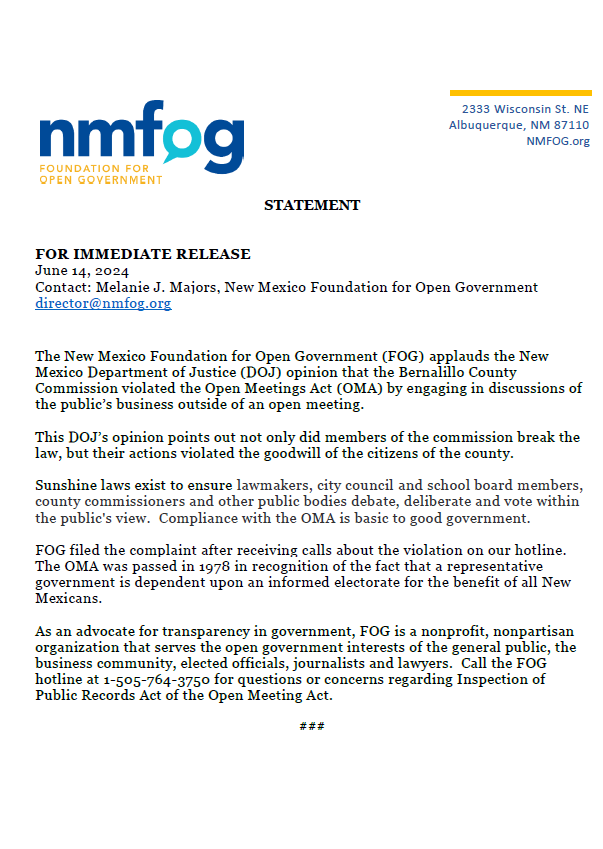 nmfog's tweet photo. Who wins when there is transparency and accountability in government?  Everyone! #nmfog applauds the #DOJ's opinion stating Bern Co violated the OMA by engaging in a rolling quorum. https://t.co/7pjwtPQDsV