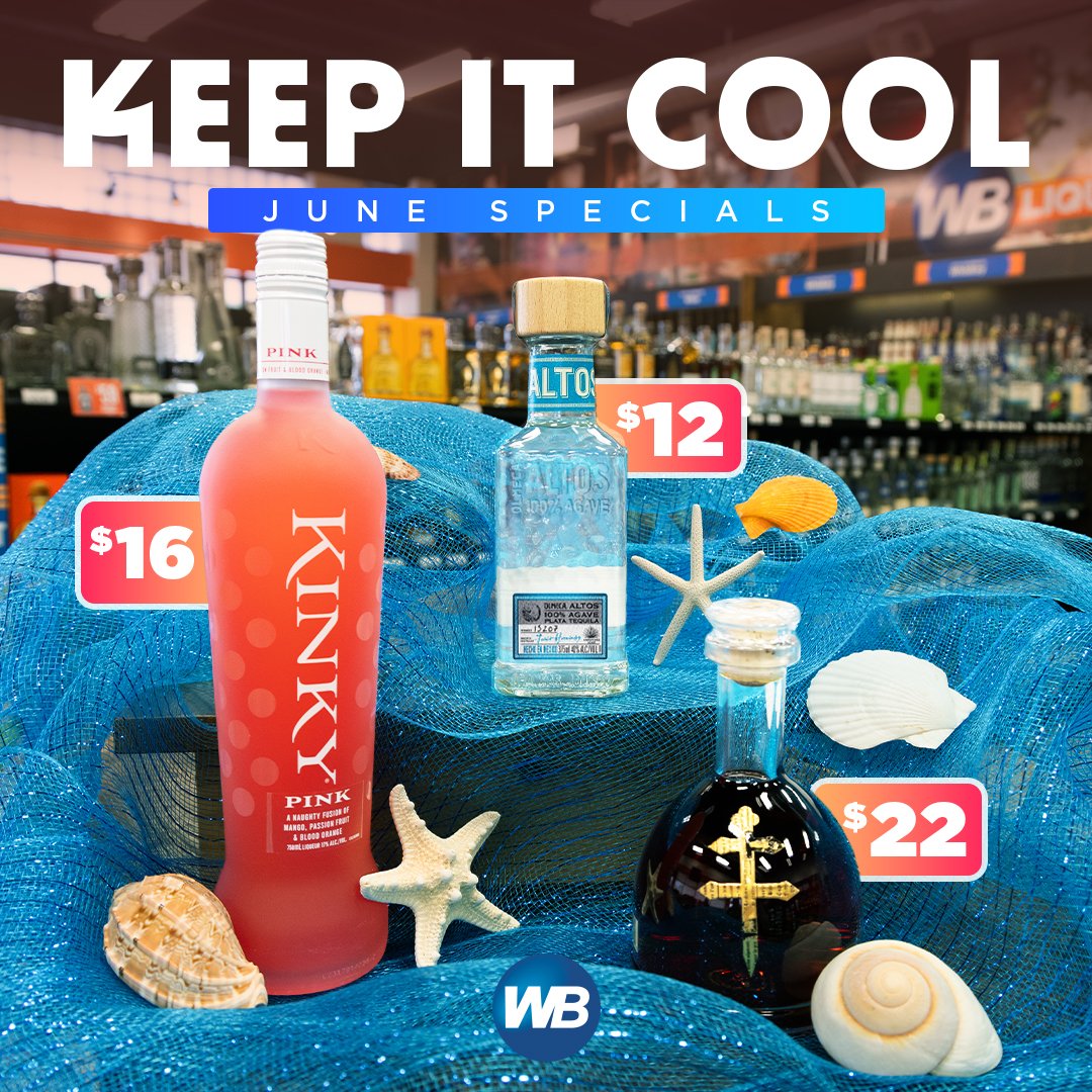 WBLiquors's tweet photo. Beat the heat with our June Specials, available all month long at your local WB.😎
☀️ $12 Olmeca Altos Tequila 375mL (Plata or Reposado) 
☀️ $16 Kinky Liqueur 750mL (Original or Blue) 
☀️ $22 D'usse VSOP 375mL 

#Tequila #TequilaLovers #Dusse #Cognac #CognacLife https://t.co/2gtlmd1AD9