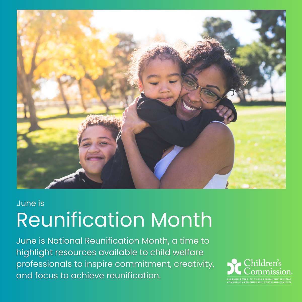 Supporting and maintaining family connections are essential to the health and well-being of children.

June is National Reunification Month, a time to highlight resources to inspire commitment, creativity, and focus to achieve reunification.
📩:conta.cc/3XeEHyT