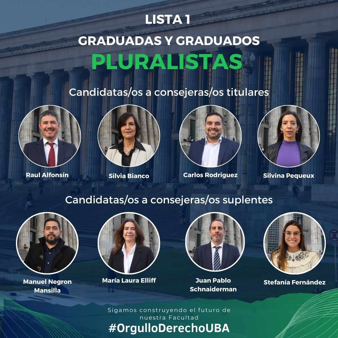 🗳️🗳️ Este 25, 26 y 27 de junio te pedimos que nos acompañes con tu voto para seguir Construyendo el futuro de nuestra Facultad.

Te presentamos a nuestros candidatos a consejeras y consejeros del Claustro de Graduados de la Facultad de Derecho UBA. 

#OrgulloDerechoUBA