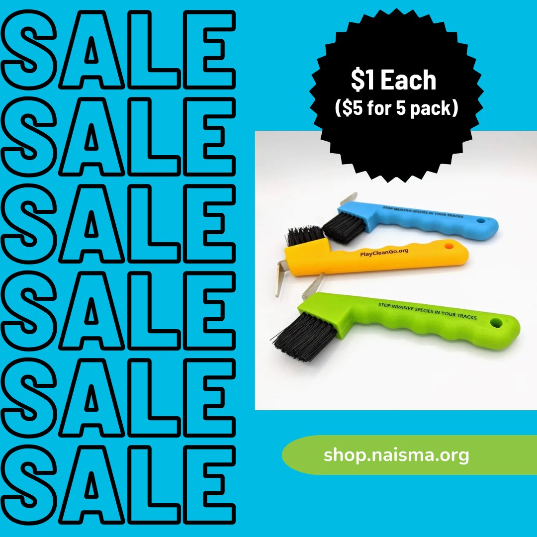 NAISMAorg's tweet image. 🥾Play Clean Go Awareness Week Bootbrush Promo
Stop Invasive Species in Your Tracks® with Our 5 for $5 Boot Brush Promo! Get one for you and your outdoorsy friends before we run out! shop.naisma.org/Colors will vary. While supplies last.#bootbrush #SALE #invasivespecies