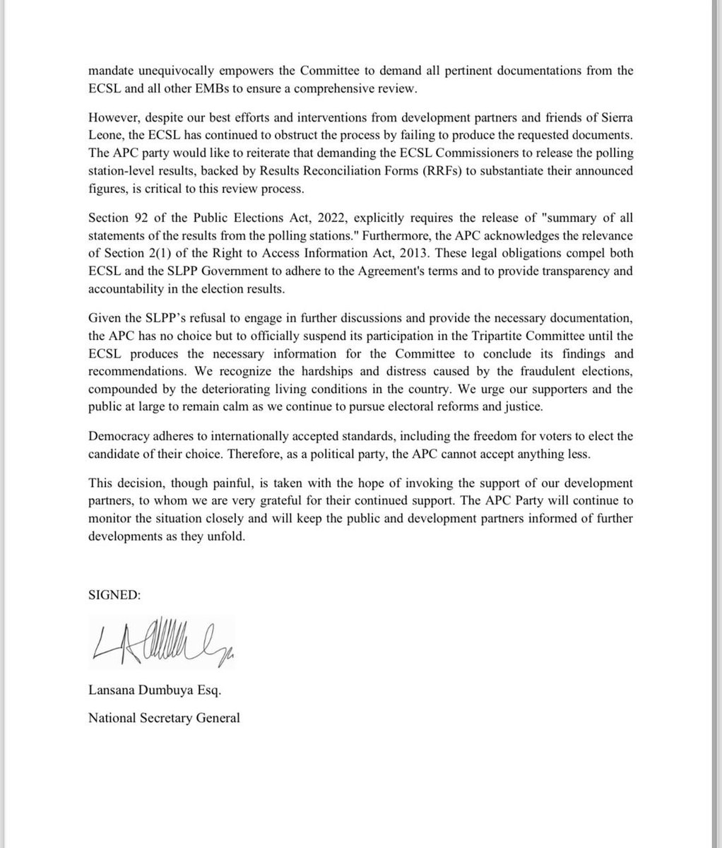 Today, the APC has withdrawn from the Tripartite Committee discussions facilitated by the international community. This decision follows the <a href="/PresidentBio/">Barram</a> government's failure to honor the agreed terms. The political crisis in our country continues its downward spiral. 👇