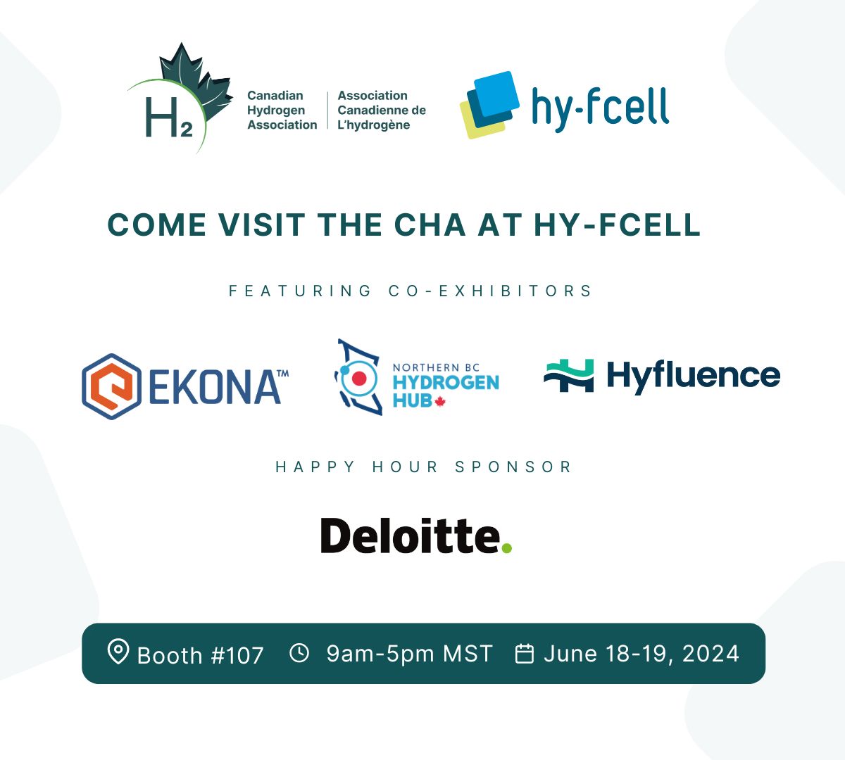 Come visit us at booth #107 next week at Hy-fcell Canada in Vancouver, June 18-19th! A big thank you to our co-exhibitors Ekona Power, Northern BC Hydrogen Hub, and Hyfluence and our happy hour partner Deloitte. See you there! #hydrogen #Hydrogenenergy #hydrogenmarket #netzero