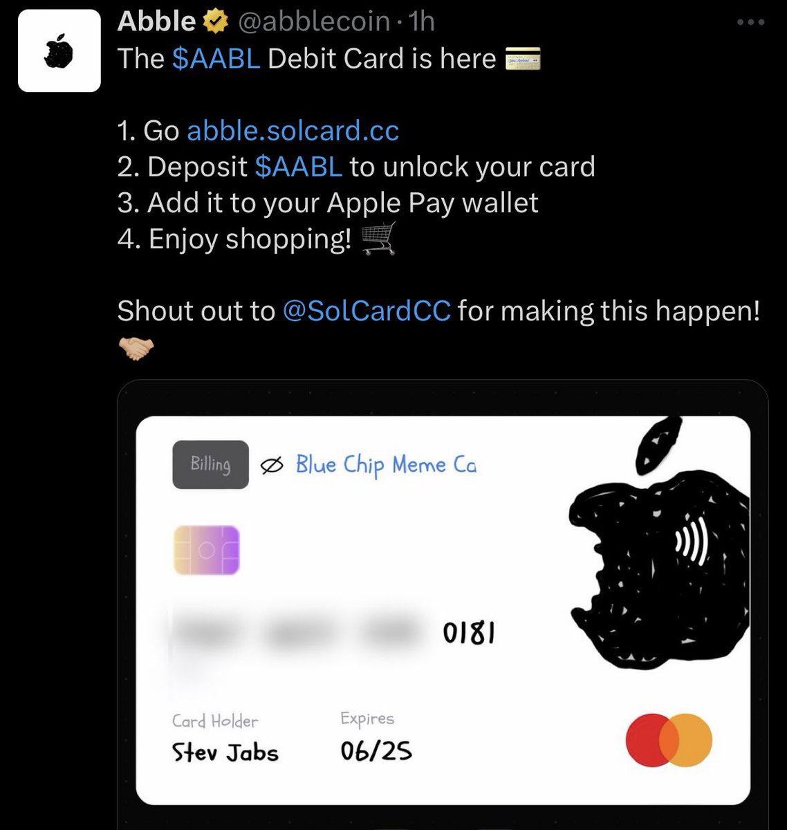 DustTrades's tweet image. 🚨 Make memecoins fun again. 🚨

By going and paying for things in real life with Abble’s.  $aabl @abblecoin for more info.  

#Abble is the memecoin this community needs.  These guys are on another level. 

#AbbleFlipsApple