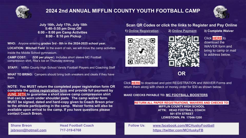 Registration is now open for the 2nd Annual Mifflin County Youth Football Camp to be held Tuesday July 16th - Thursday July 18th at Mitchell Field starting at 6pm each evening.  The camp is for youth who will be entering 3rd - 8th grades. 
drive.google.com/file/d/17xoGpT…