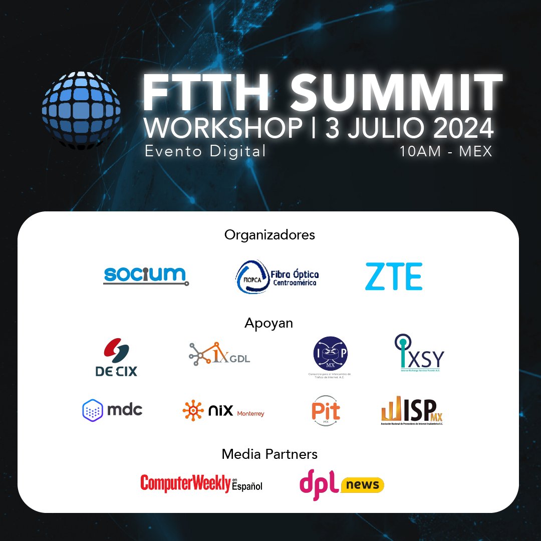 🎉 ¡Estamos emocionados de anunciar el #FTTHSummit2024! El próximo 3 de julio, 10 AM (Mex) descubre cómo las redes #FTTH pueden transformar tu negocio. 🚀  
¡Regístrate ahora y prepárate para un futuro lleno de posibilidades! 🌐👇
🔗 bit.ly/FTTHSummit2024…
#FTTH #IXP #WISP #ISP