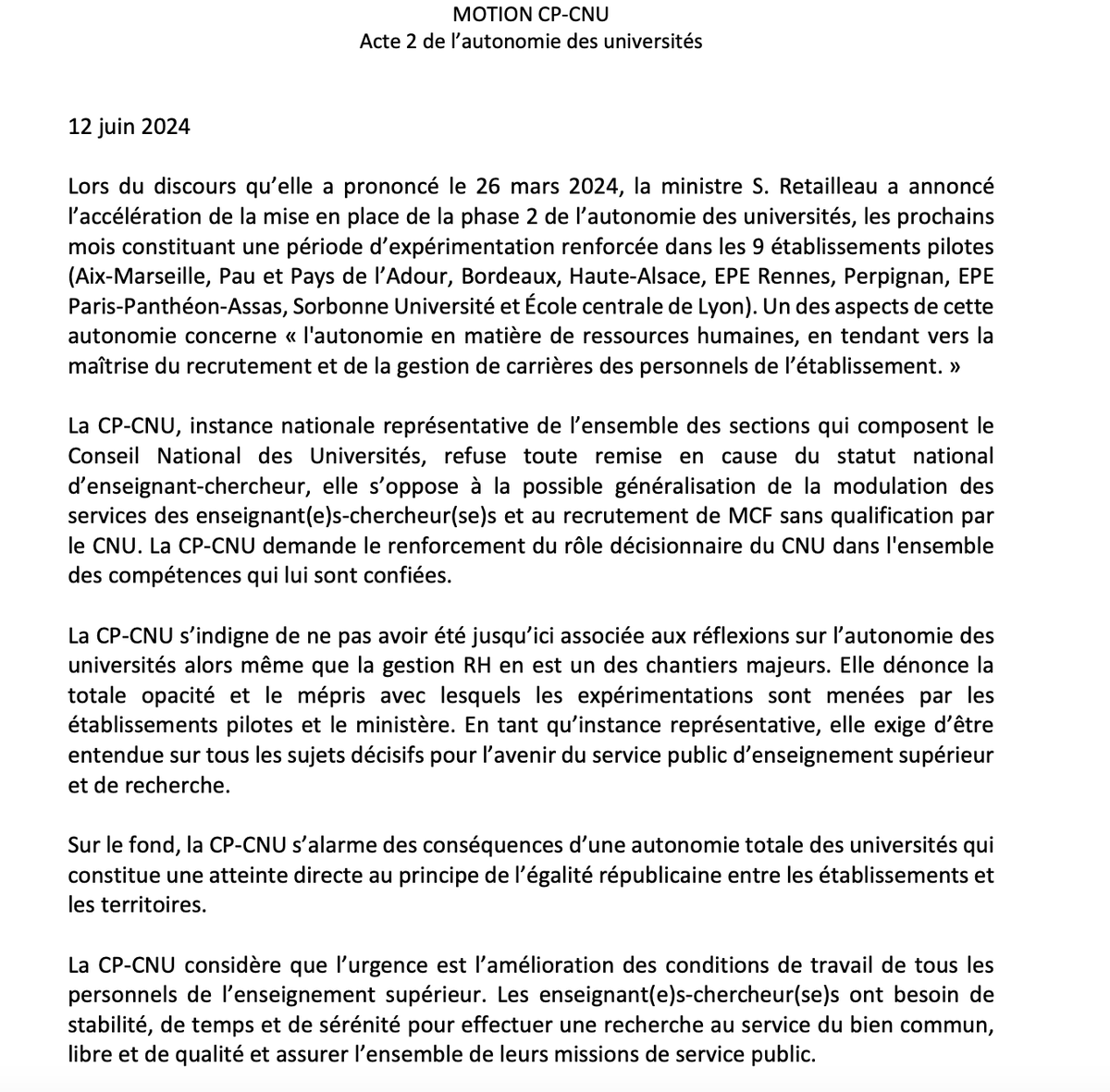 mcfcollectif's tweet photo. Motion CP-CNU 
Acte 2 Autonomie des Universités
"(… ) l’urgence est l’amélioration des conditions de travail de tous les personnels de l’enseignement supérieur".
Motion à diffuser largement dans vos établissements https://t.co/lXBw8I3tNe