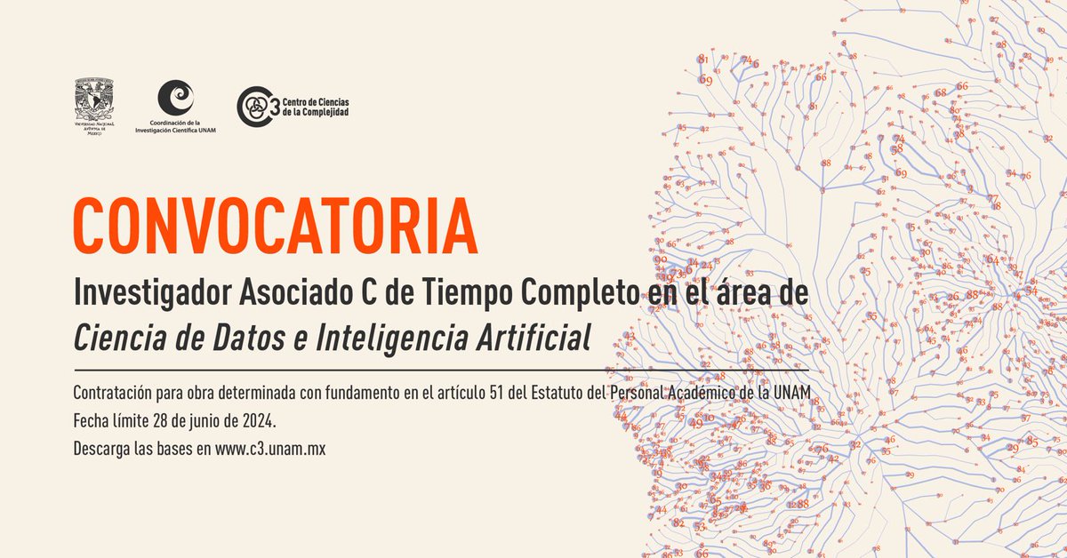 🔍 ¡OPORTUNIDAD!
El C3 busca un investigador de tiempo completo en el área de Ciencia de Datos e Inteligencia Artificial. Es una contratación para obra determinada.
🗓️ Fecha límite: 28 de junio de 2024
🔗 Descarga las bases:
c3.unam.mx/pdf/Convocator…
Y ayúdanos a compartir 🙏