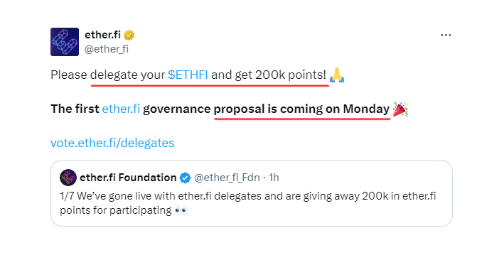 Crypto_Pranjal's tweet photo. Chance to Earn 200K etherfi Points! 🔥

@ether_fi has finally launched the governance portal, and the first proposal is coming on Monday.

Delegate your $ETHFI tokens within the next week to earn 200K loyalty points.

✅ Delegate here: https://t.co/WvNGcvOpsv

- Select anyone from the list and delegate.
- Complete the delegation on the Ethereum chain (about $3 transaction fee under 10 GWEI).

After successfully delegating, you'll earn a badge containing up to 200K points immediately. Check your latest points on the etherfi portfolio page.