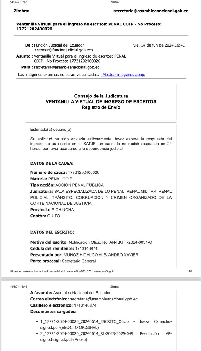 AlejandroMunozH's tweet photo. En cumplimiento a lo dispuesto por la Dra. Daniella Camacho Herold, Jueza de la @CorteNacional, se remite la Resolución No. RL-2023-2025-049, mediante la cual la @AsambleaEcuador niega la solicitud de autorización de enjuiciamiento penal de la ciudadana María Verónica Abad Rojas. https://t.co/hlYNnqNBBZ