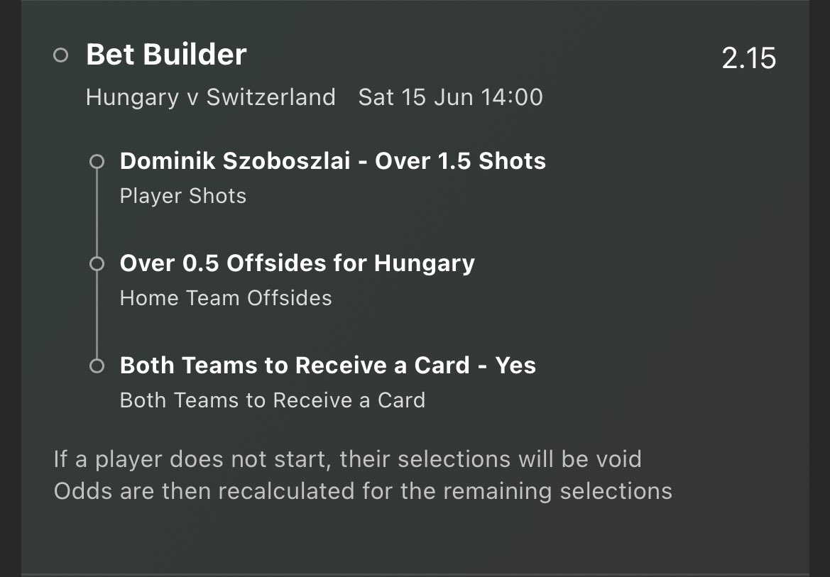 SBFootballTips's tweet image. 📝 Hungary Vs Switzerland Bet Builder

Szoboszlai shots: 0,2,3,2,4,9,4,0,2,5,3
Hungary Offsides: 2,2,2,1,2,2,2
Switzerland offsides against: 1,2,3,1,2
Hungary card in 9/10 Competitive game
Switzerland card in 13/15  Competitive
Both teams 2 cards tonight 

📚Bet365
⚽️2.15 odds
