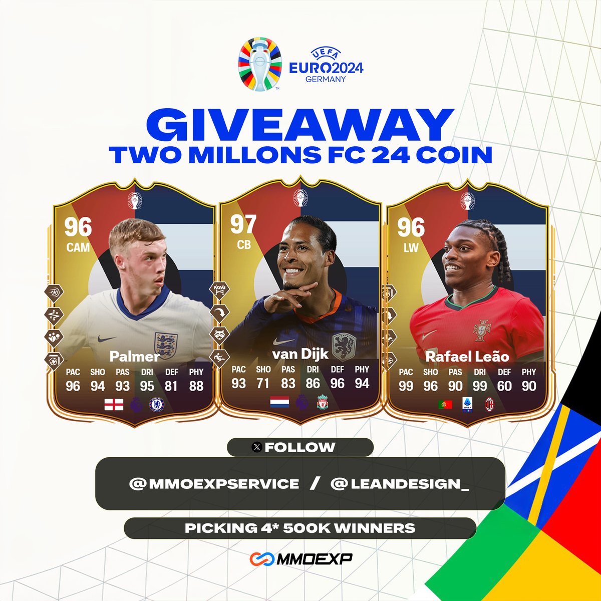 🔹Sorteo EURO 2024🔹

Gracias a la gente de <a href="/MmoexpService/">MMOEXP</a> les traigo este pedazo de sorteo🎁

💰Sorteamos 2M de monedas para cualquier plataforma (4 ganadores)

Requisitos:
⏩ Dart RT
⏩ Seguir a <a href="/MmoexpService/">MMOEXP</a> y a mi

El ganador lo doy el dia miercoles 19-06🗓️
Suerte a todos!
