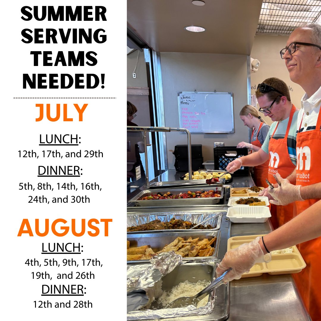 We provide the main dish and you provide a side of fresh fruit and/or mixed green salad. Takes 1.5 hours (+ time purchasing &amp; prepping side). Great for anyone who can't commit to a regular spot but can do 1 meal. Contact Victoria at 402-817-0623 or victoria.oneil@mtko.org!