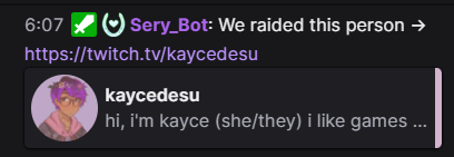 Custom raid-out messages added.

!raidoutmsg - Create a custom message. The link is automatically appended.
!clearraidoutmsg - Clears it.