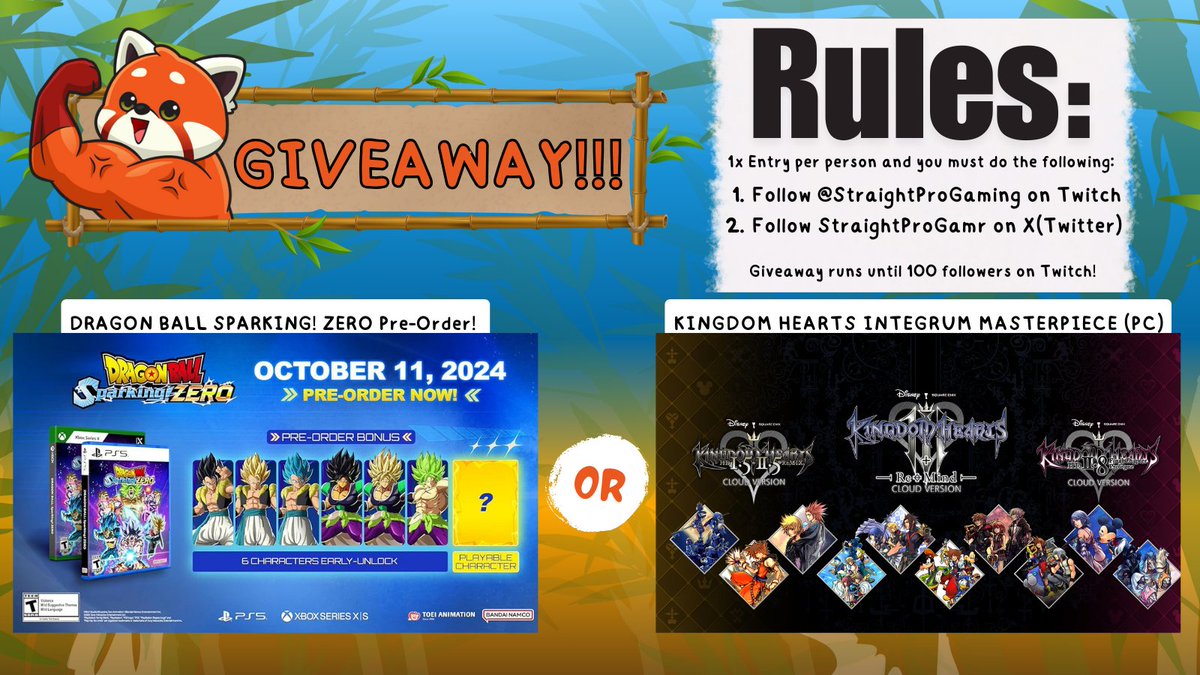 Reddest_Panda's tweet photo. Who wants a free copy of KINGDOM HEARTS INTEGRUM MASTERPIECE or a Pre-order copy of DRAGON BALL SPARKING! ZERO?
The giveaway is live until Twitch gets 100+ followers!! LET'S GO!!
#giveawayfriday #giveaway #freegame #winstuff #videogames #twitchstreamer #KingdomHearts #Dragonball https://t.co/kwanxUZMXW