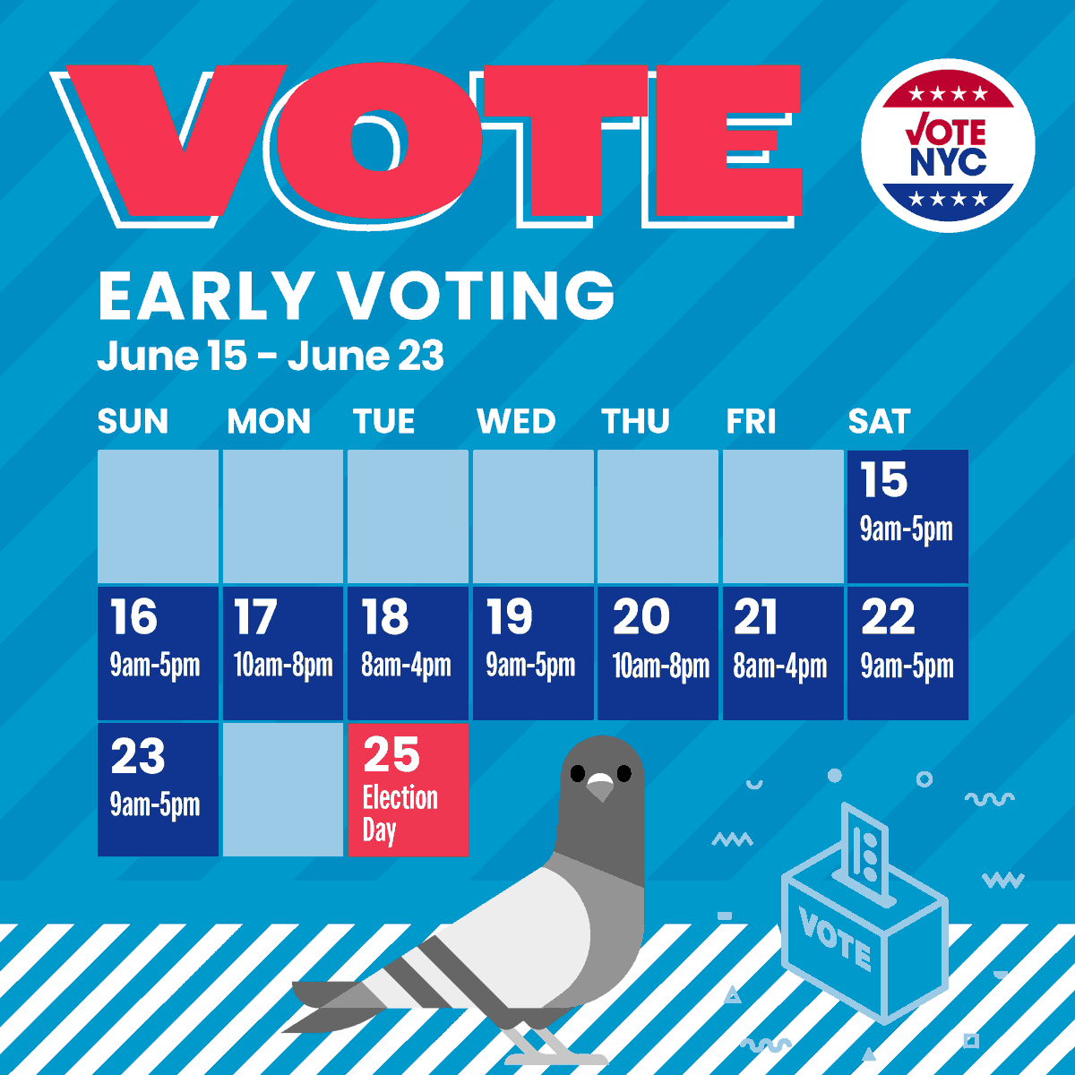 BOENYC's tweet photo. Happy Day 1 of Early Voting! 🗳️
🚨Not all party/districts have primary elections🚨 
To check  visit https://t.co/TBg2bhiKS6
📢There are no elections in Staten Island https://t.co/8newSrwq7I