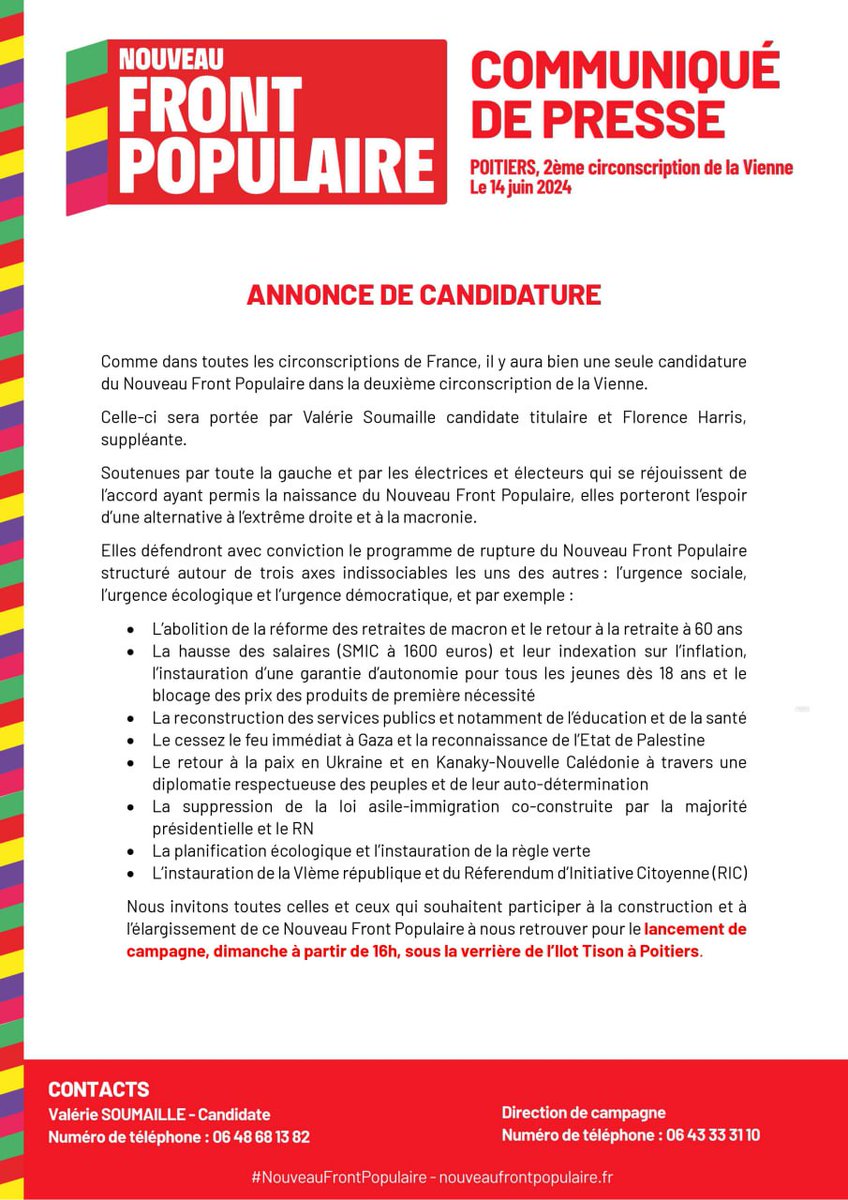 Aux côtés de @VSoumaille, candidate titulaire, je serai suppléante.
Avec le Nouveau Front Populaire, nous portons un projet progressiste à l'inverse des mesures regressives et répressives que nous subissons depuis 2017. C'est un immense espoir.
#circo8602 #NFP #legislatives2024